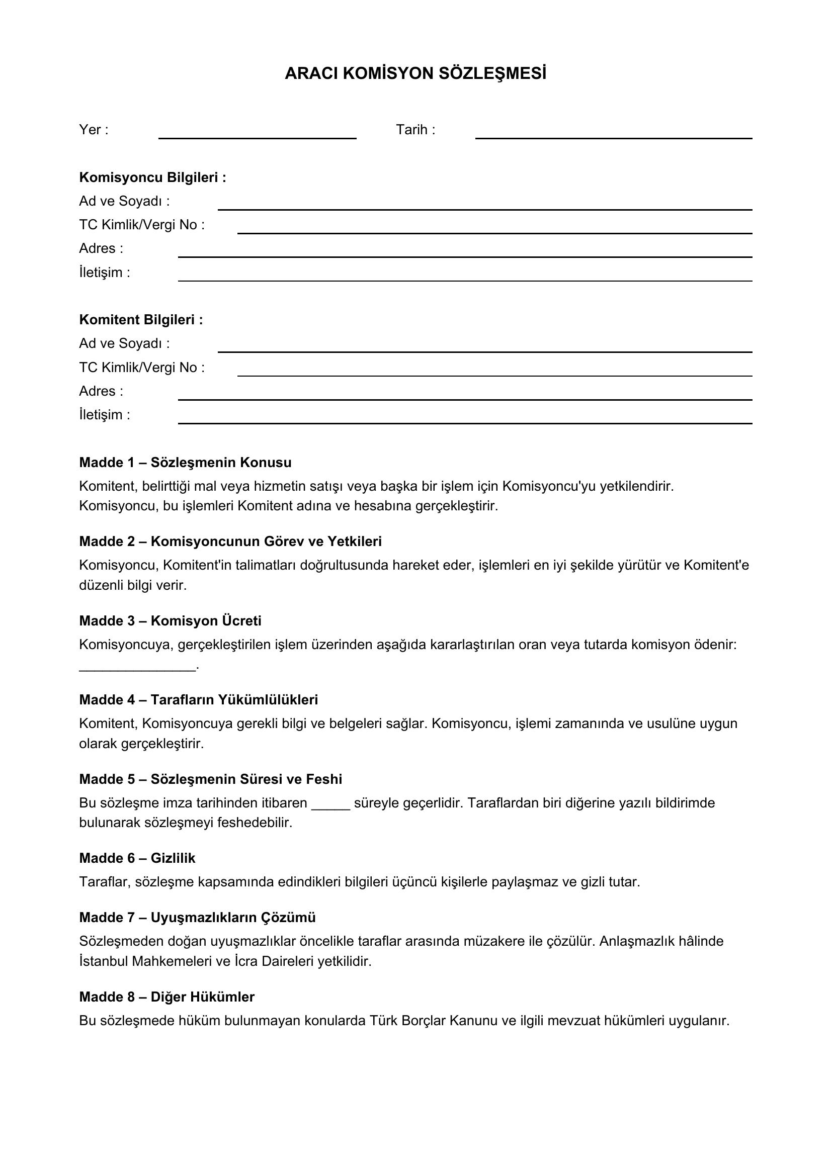 Aracı Komisyon Sözleşmesi Ornegi.