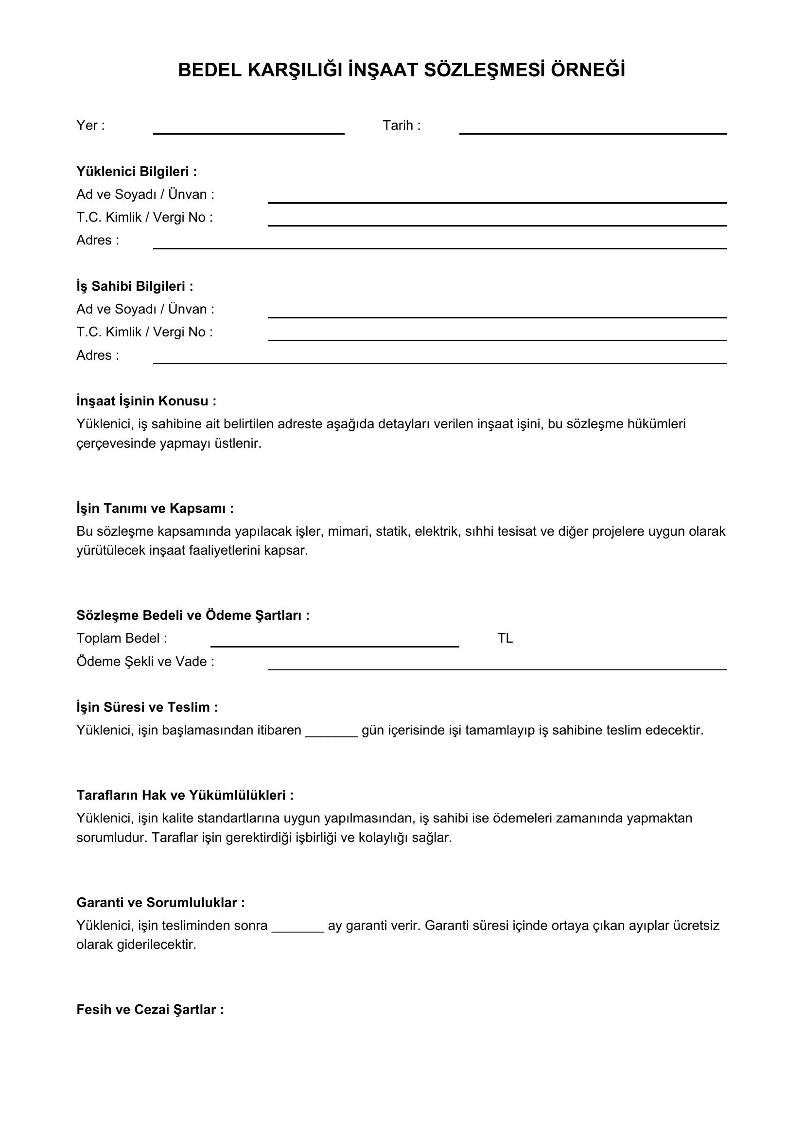 Bedel Karşılığı Inşaat Sözleşmesi Örneği