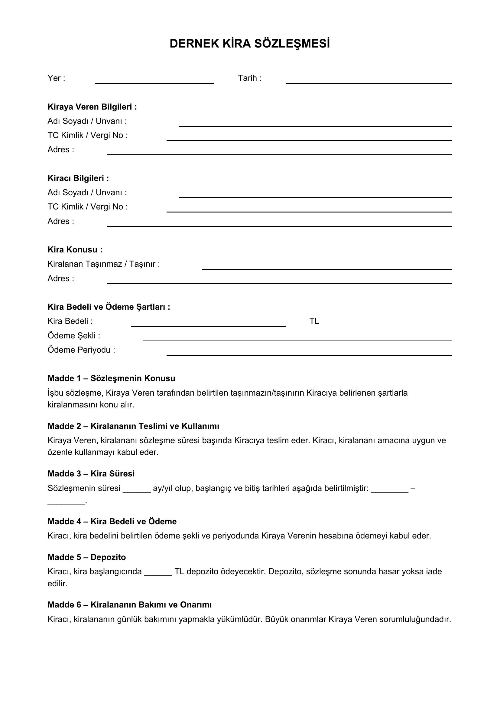 Dernek Kira Sözleşmesi Örneği
