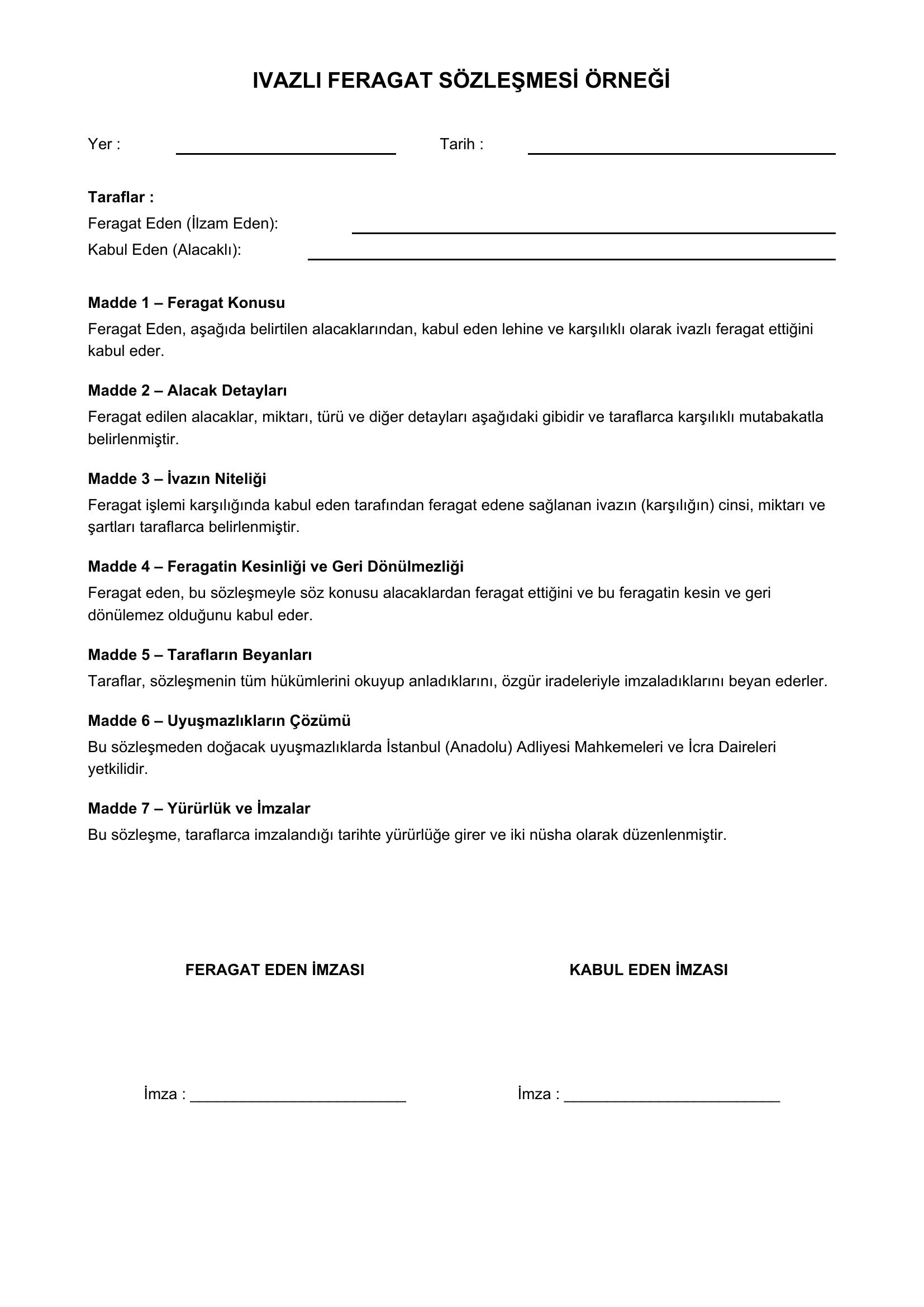 Ivazlı Feragat Sözleşmesi Örneği