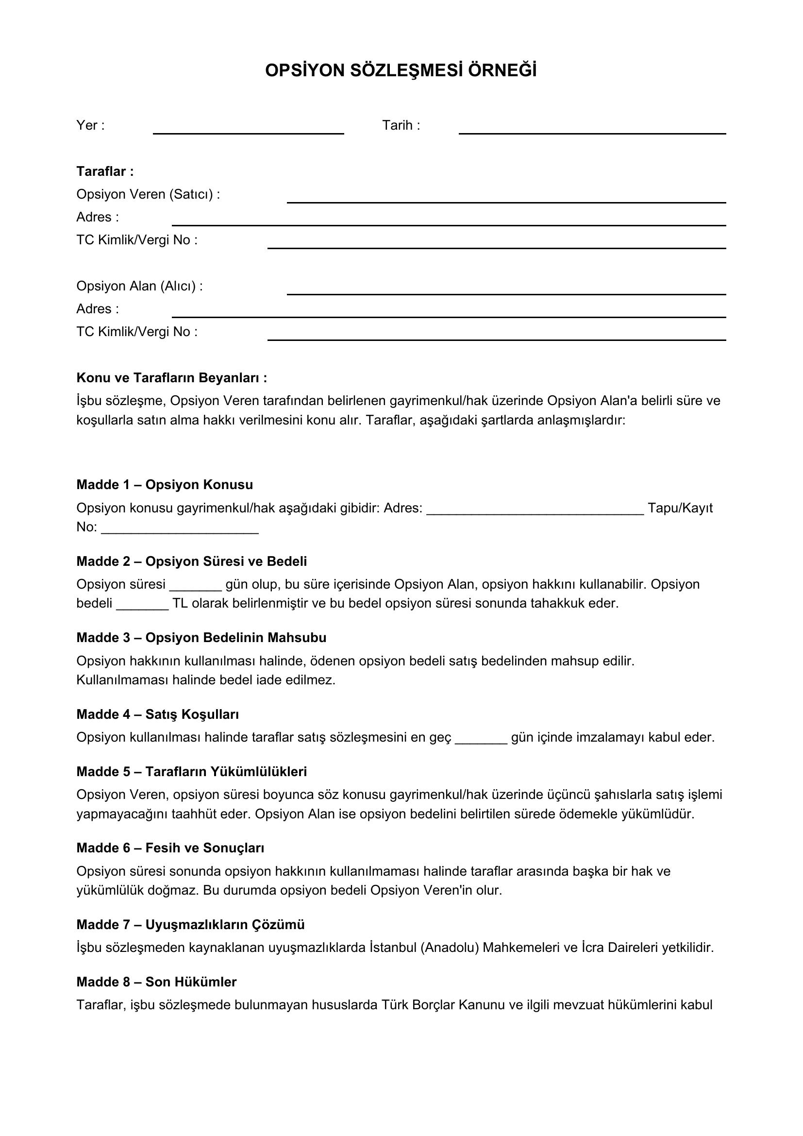 Opsiyon Sözleşmesi Örneği