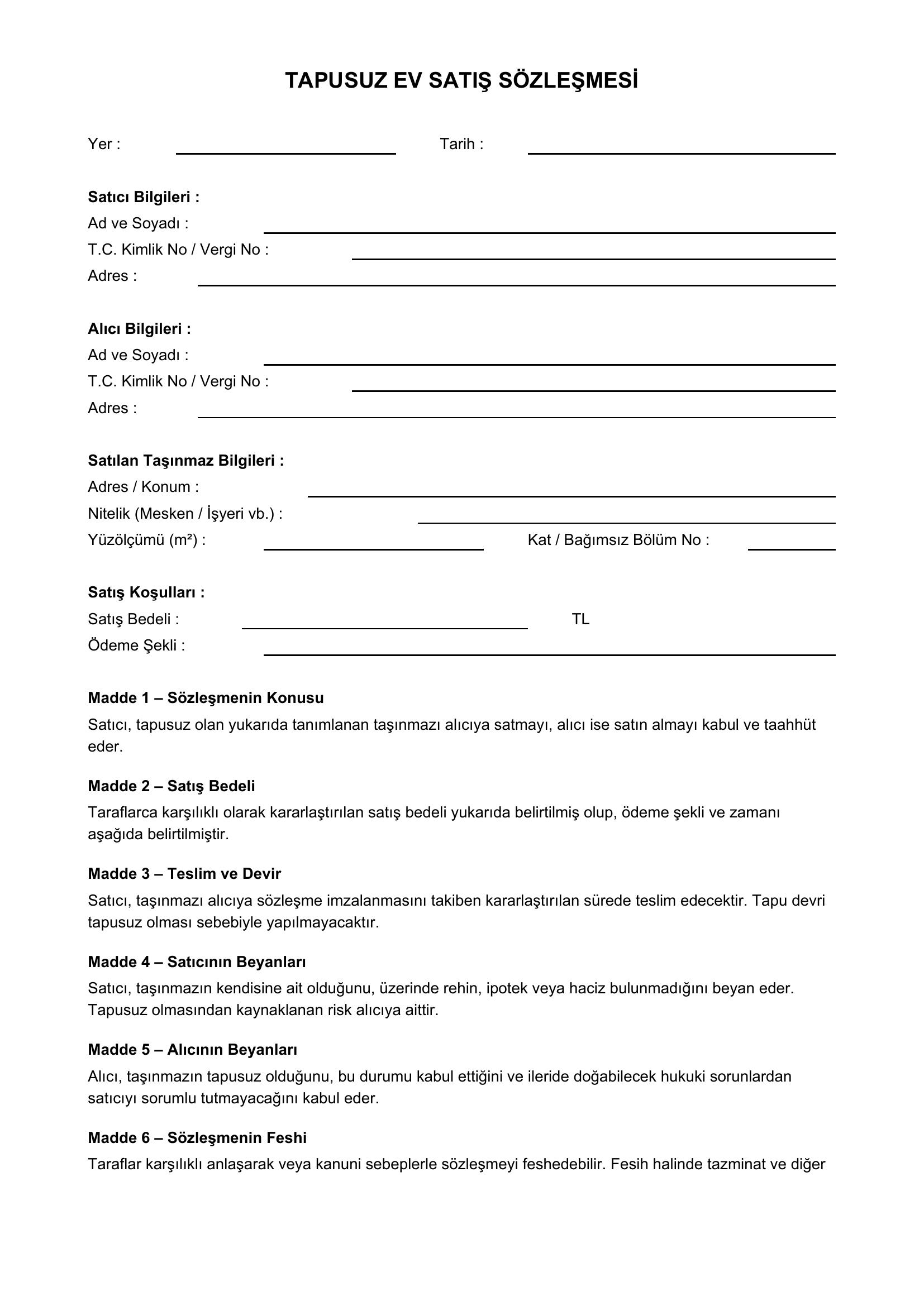 Tapusuz Ev Satış Sözleşmesi Örneği
